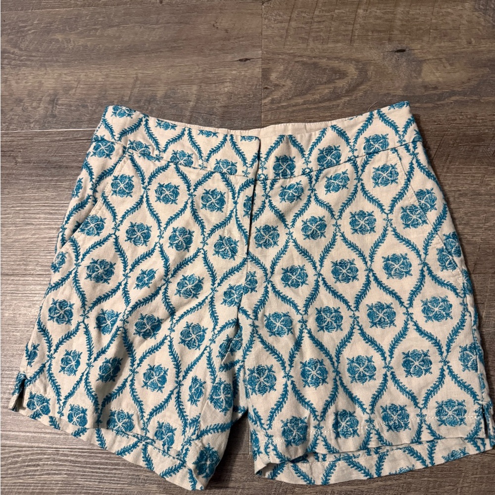 LOFT Teal Floral Medallion Cotton Shorts on Cream